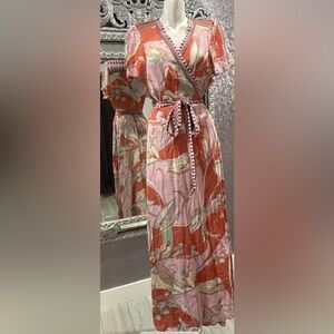 Hale Bob Pink & Coral Floral Wrap Maxi Dress